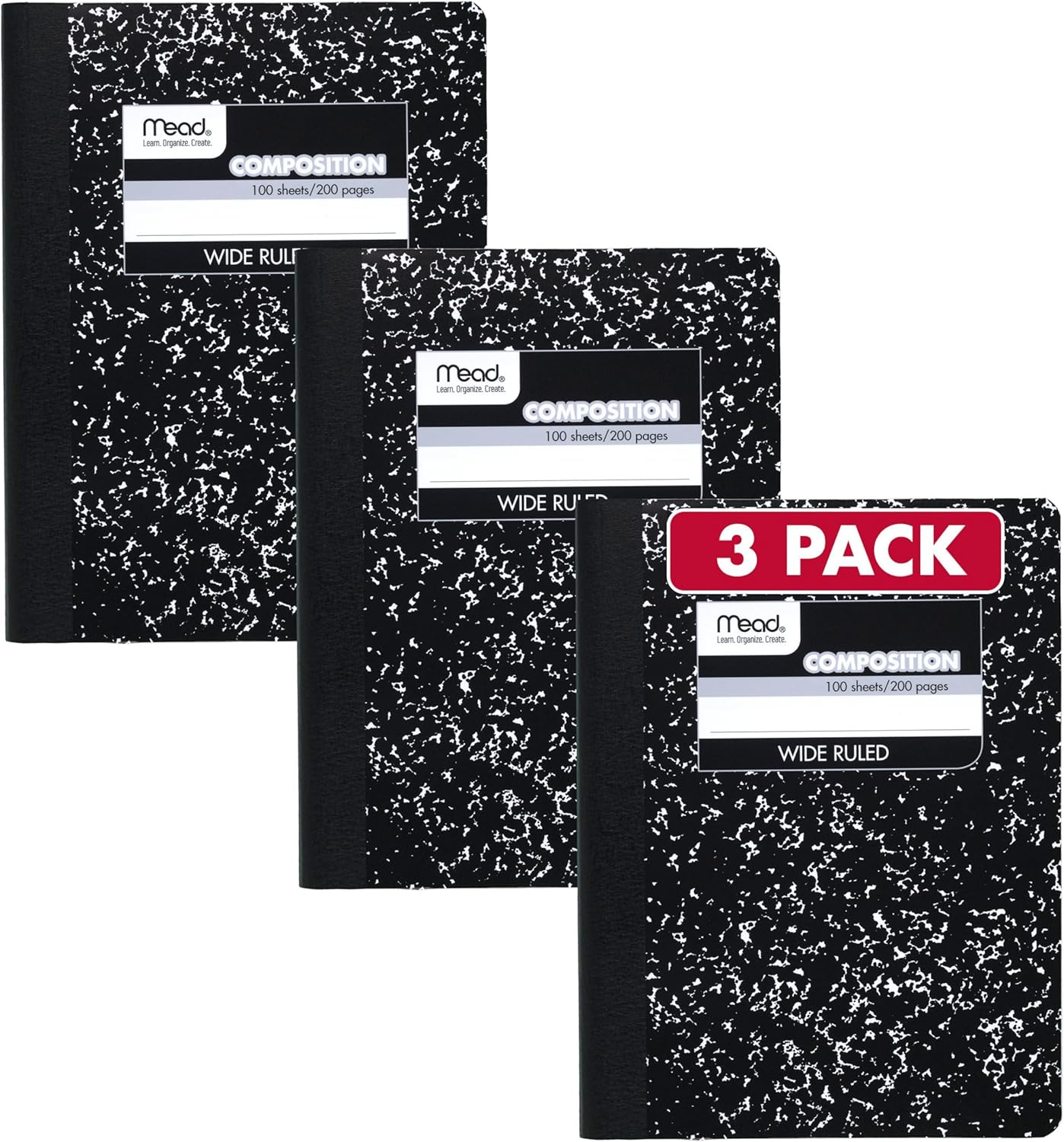 Mead Composition Notebook, Wide Ruled Paper, 7.5" x 9.75", 100 Sheets, Black Marble, 3 Pack (38301)
